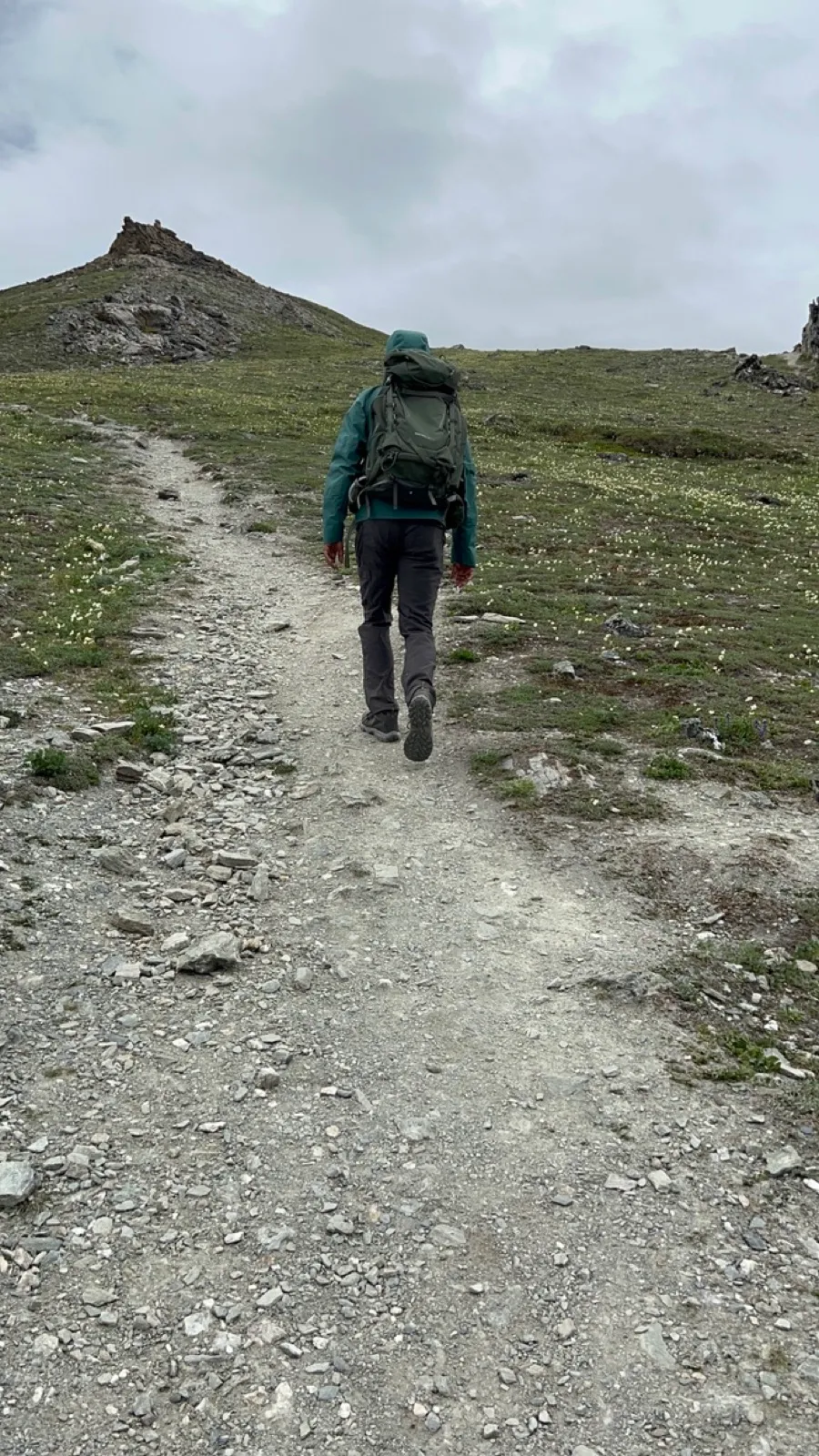 Hiker in a green rain shell walking a rocky tundra trail toward a craggy outcrop under flat overcast light.