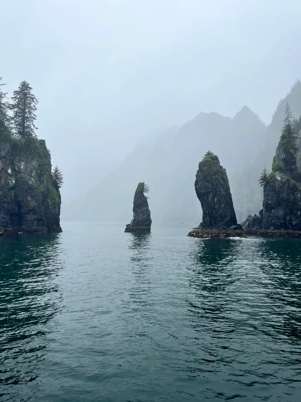 A single tall sea stack with another smaller spire behind it, surrounded by mist and dark cliffs.